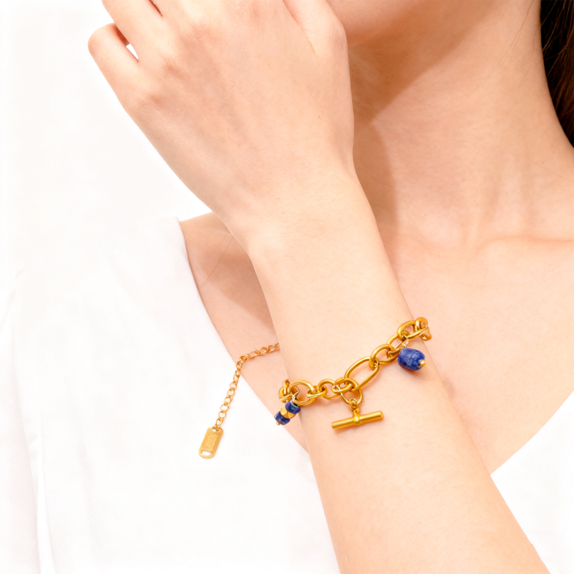 T Shape Bracelet In 304 Stainless Steel With 18K Real Gold Plated Finish Featuring Natural Stone Pendant, Unisex Design 4