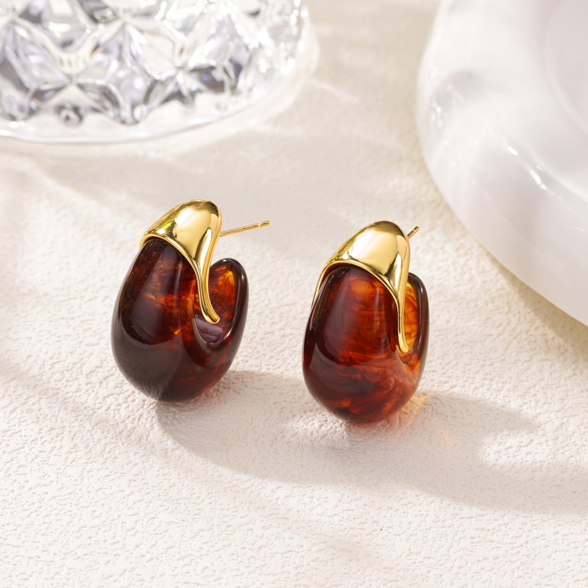 Three-dimensional C Shape Earrings For Women, Copper Material With 18K Real Gold Plated And PVD Coated Finish, Featuring Resin Inlay 2