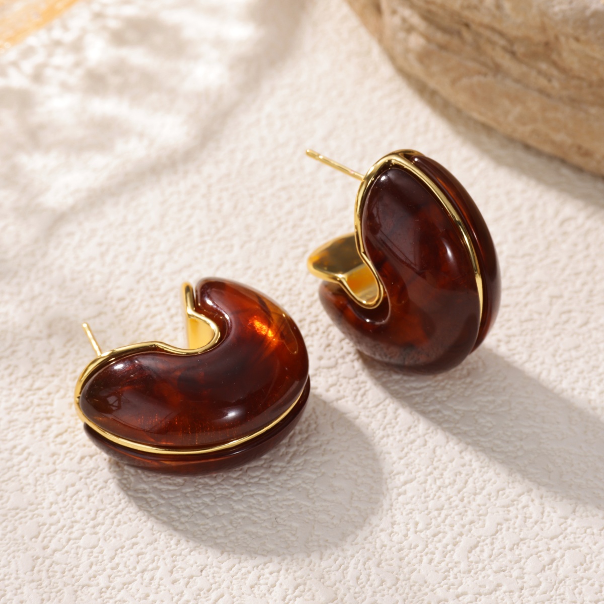 Three-dimensional C Shape Earrings For Women, Copper Material With 18K Real Gold Plated And PVD Coated Finish, Featuring Resin Inlay 5