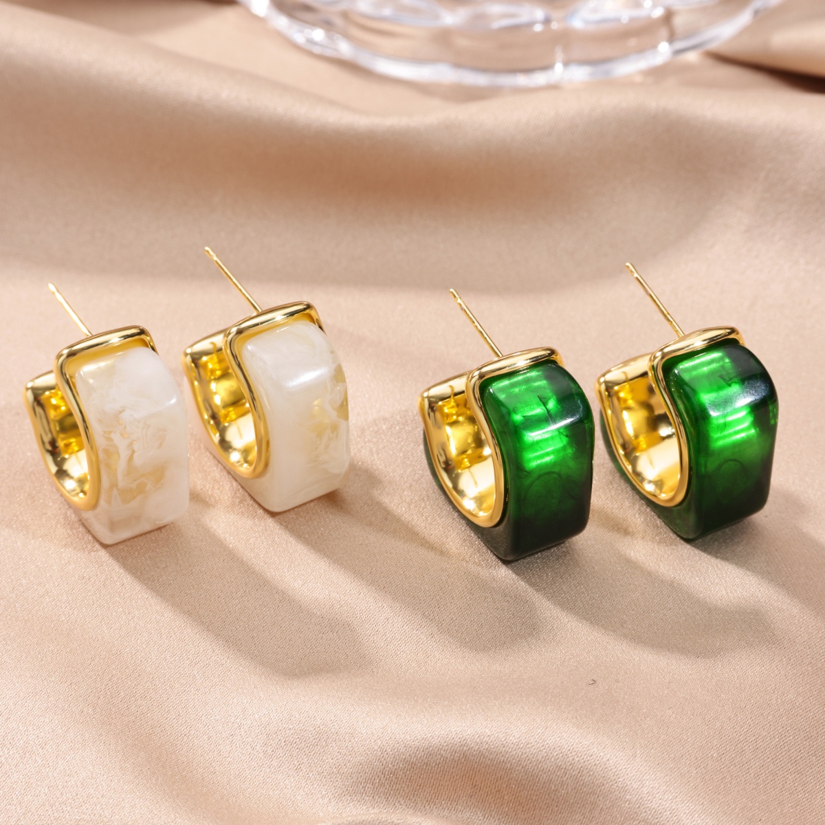 Three-dimensional C Shape Earrings For Women, Copper Material With 18K Real Gold Plated And PVD Coated Finish, Featuring Resin Inlay 7