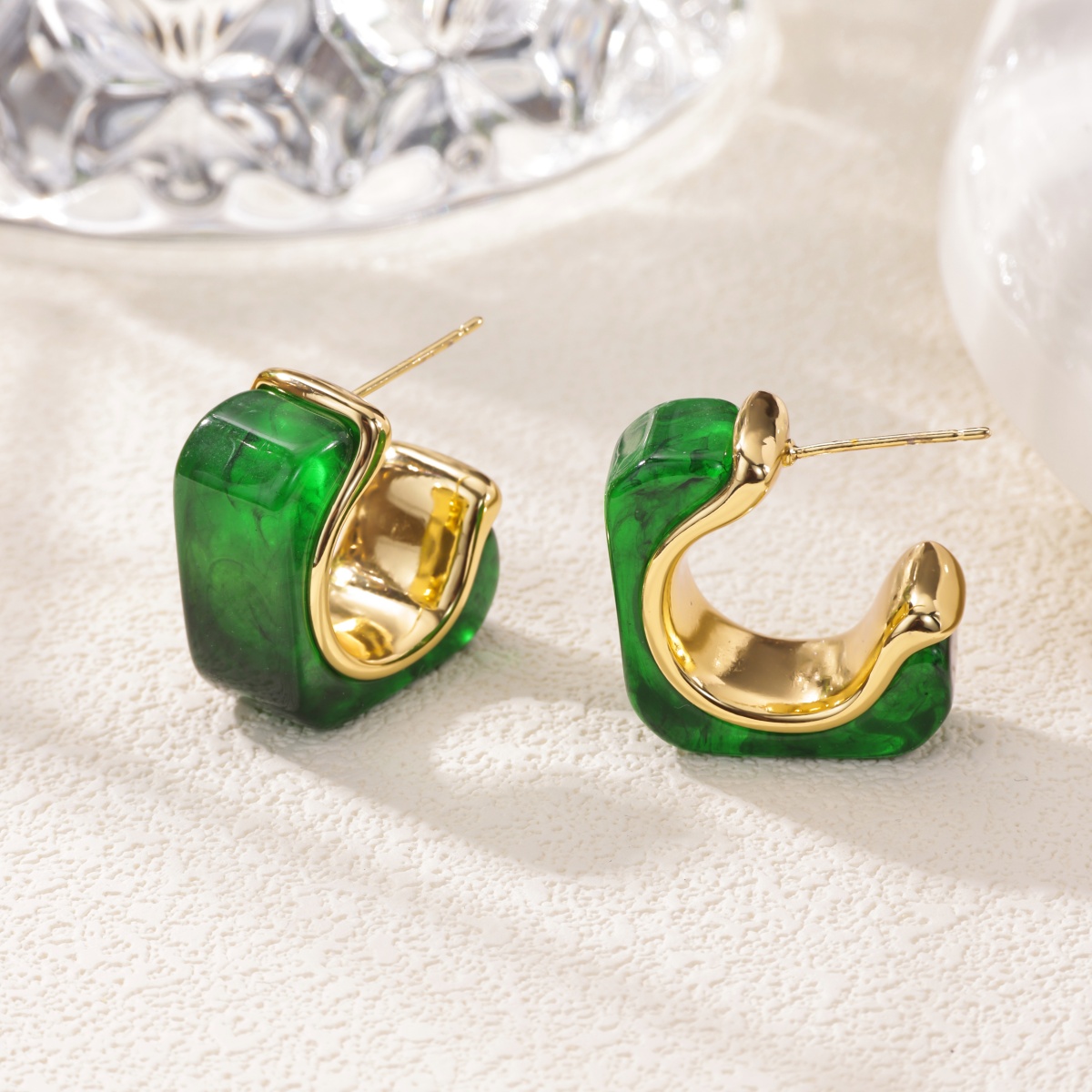 Three-dimensional C Shape Earrings For Women, Copper Material With 18K Real Gold Plated And PVD Coated Finish, Featuring Resin Inlay 8