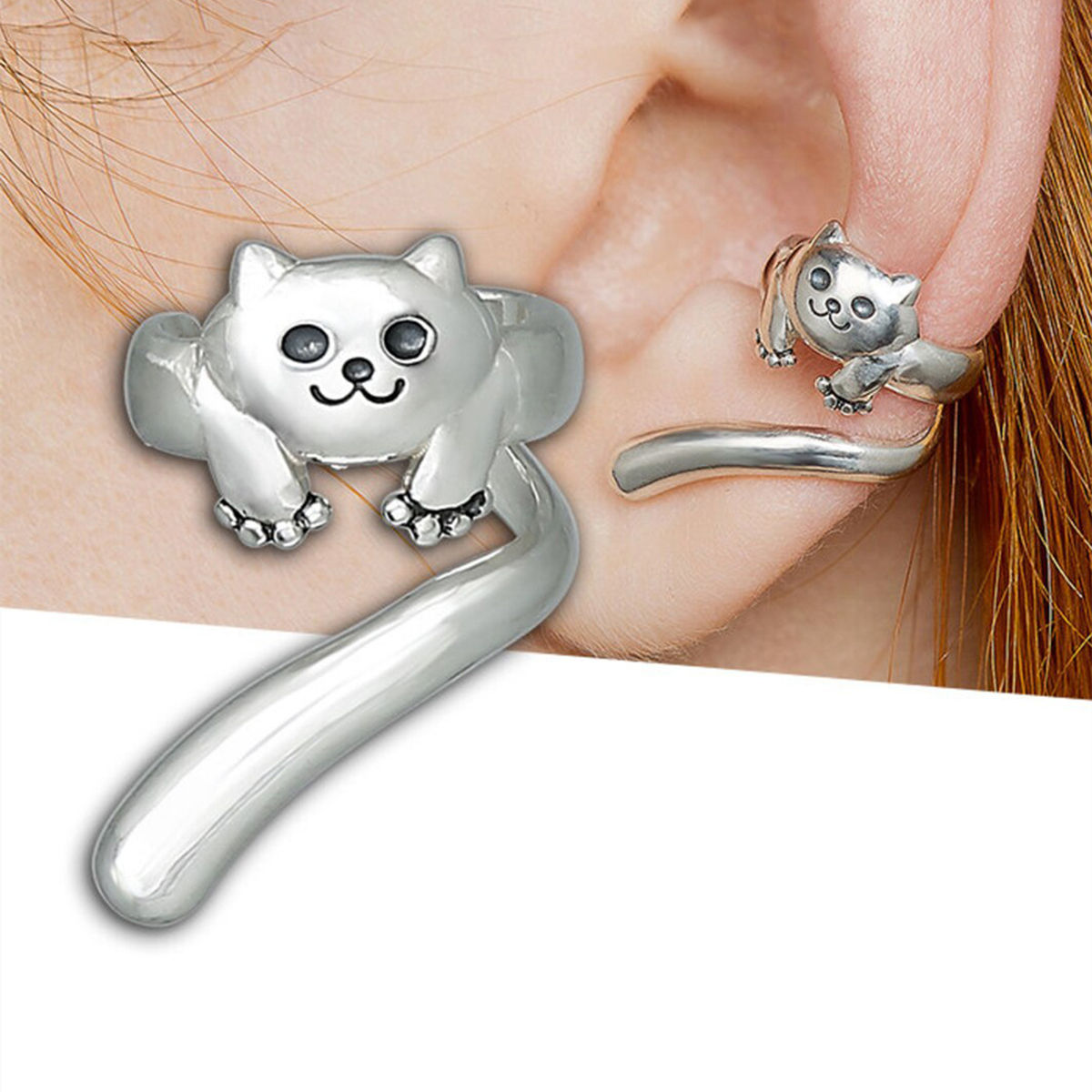 Three-dimensional Cat Clip Earrings For Women In Copper With White K Plated Water Plating And 0.03µm Thickness