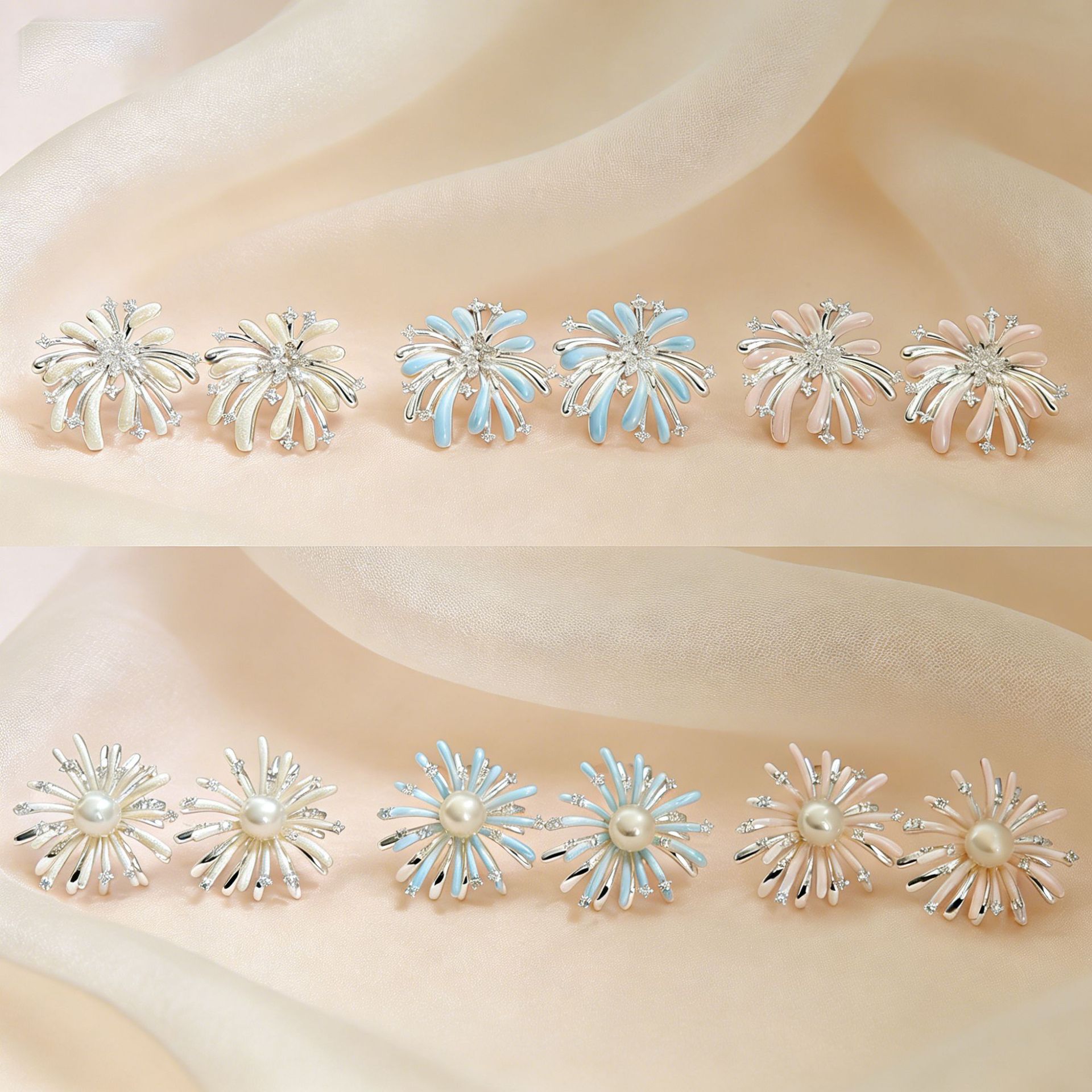 Three-dimensional Fireworks Stud Earrings For Women, Electroplated Copper With Zircon Inlay