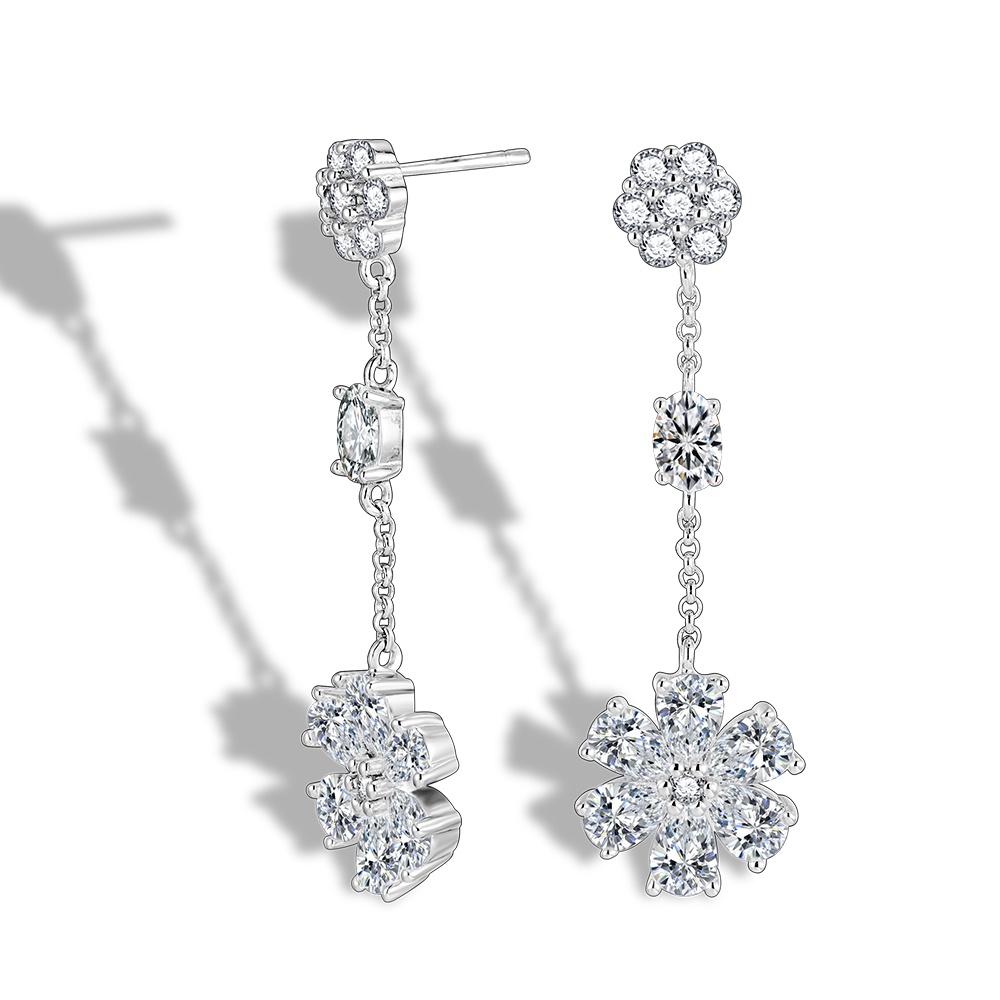 Three-dimensional Flowers Stud Earrings For Women In Copper With Platinum Plated Water Plating And Zircon Inlay