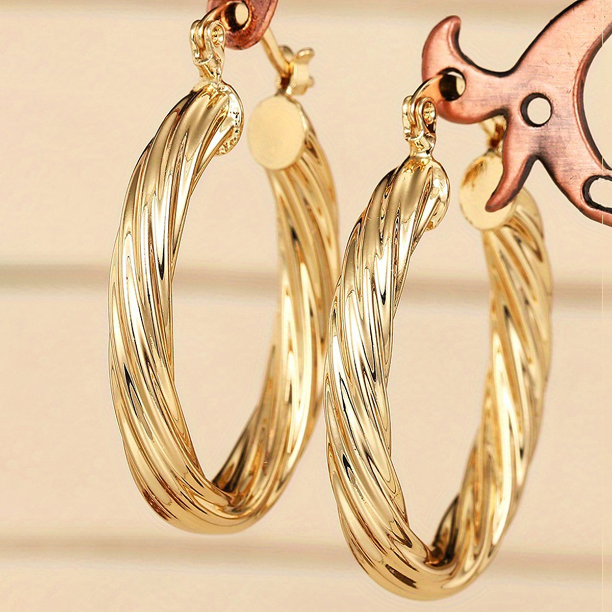 Three-dimensional Geometric Earrings In Copper With KC Golden Water Plating And 0.03µm Thick Coating
