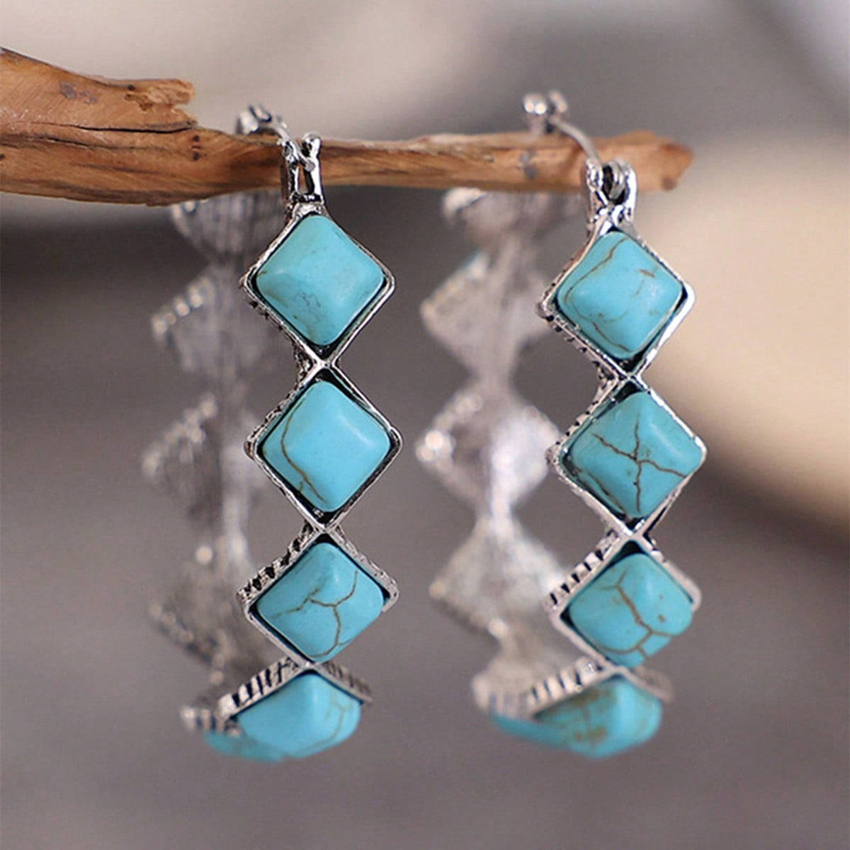 Three-dimensional Geometric Earrings For Women In Copper With White K Water Plating And Artificial Turquoise Inlay