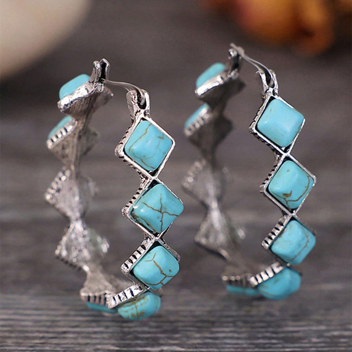 Three-dimensional Geometric Earrings For Women In Copper With White K Water Plating And Artificial Turquoise Inlay 2