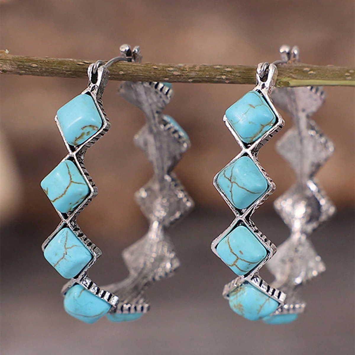 Three-dimensional Geometric Earrings For Women In Copper With White K Water Plating And Artificial Turquoise Inlay 3