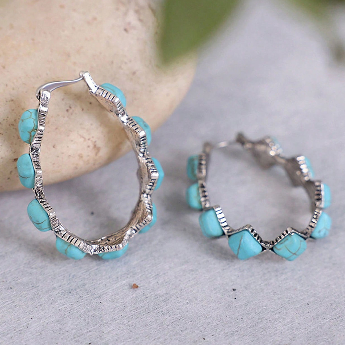 Three-dimensional Geometric Earrings For Women In Copper With White K Water Plating And Artificial Turquoise Inlay 5