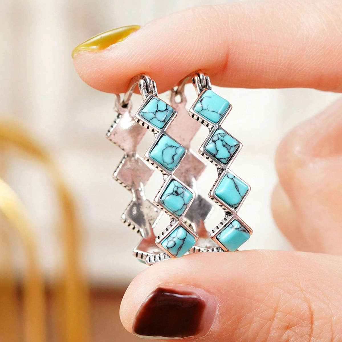 Three-dimensional Geometric Earrings For Women In Copper With White K Water Plating And Artificial Turquoise Inlay 6
