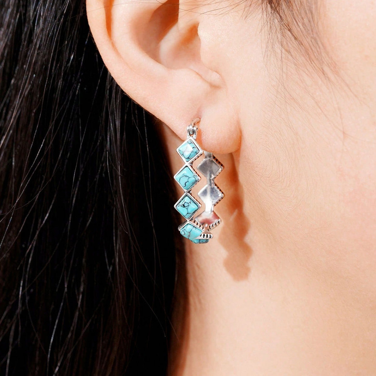 Three-dimensional Geometric Earrings For Women In Copper With White K Water Plating And Artificial Turquoise Inlay 7