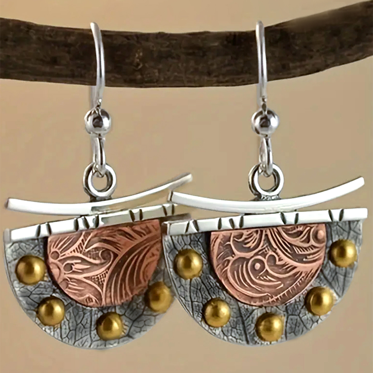 Three-dimensional Geometric Drop Earrings In Copper With KC Golden Water Plating And 0.03µm Thick Coating