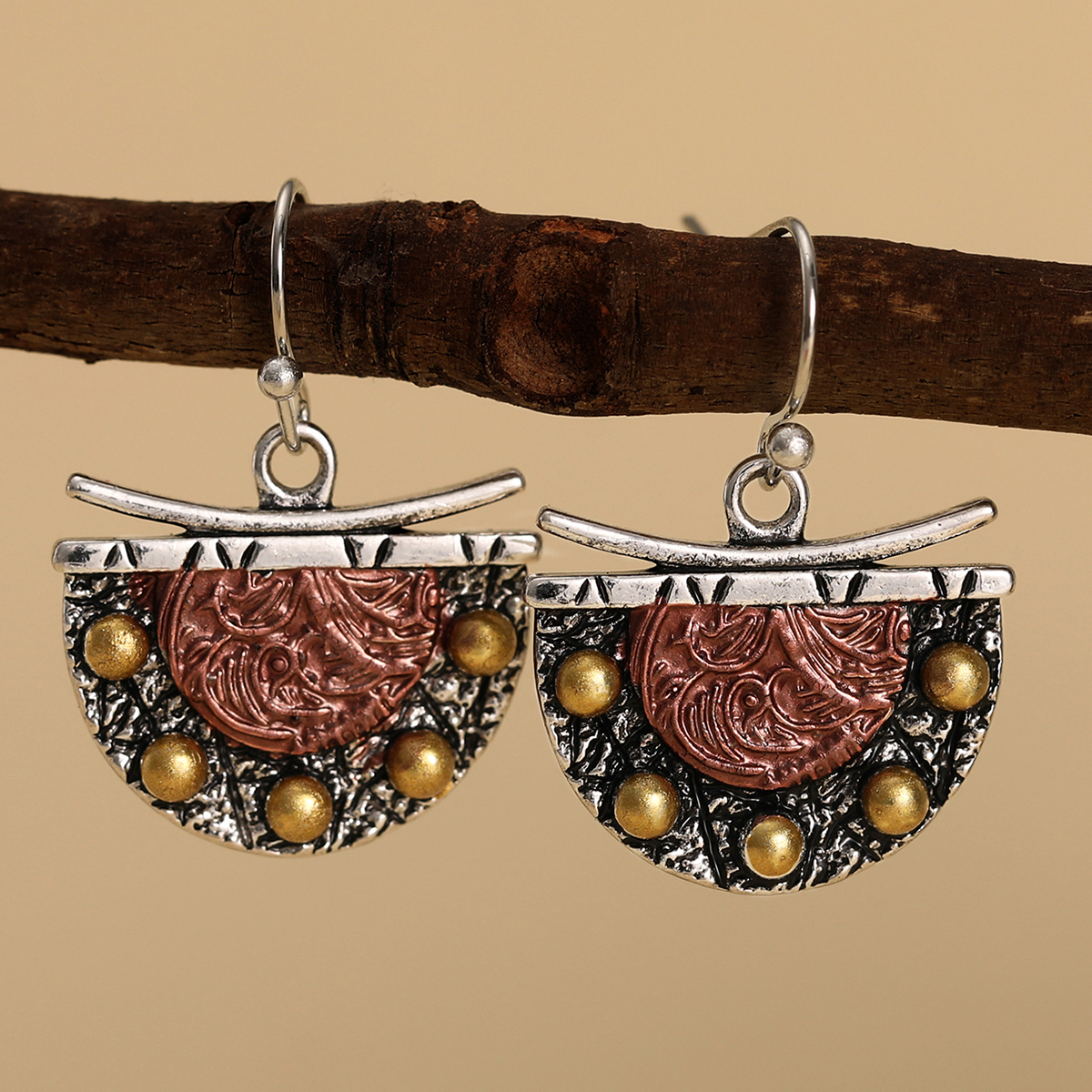 Three-dimensional Geometric Drop Earrings In Copper With KC Golden Water Plating And 0.03µm Thick Coating 2