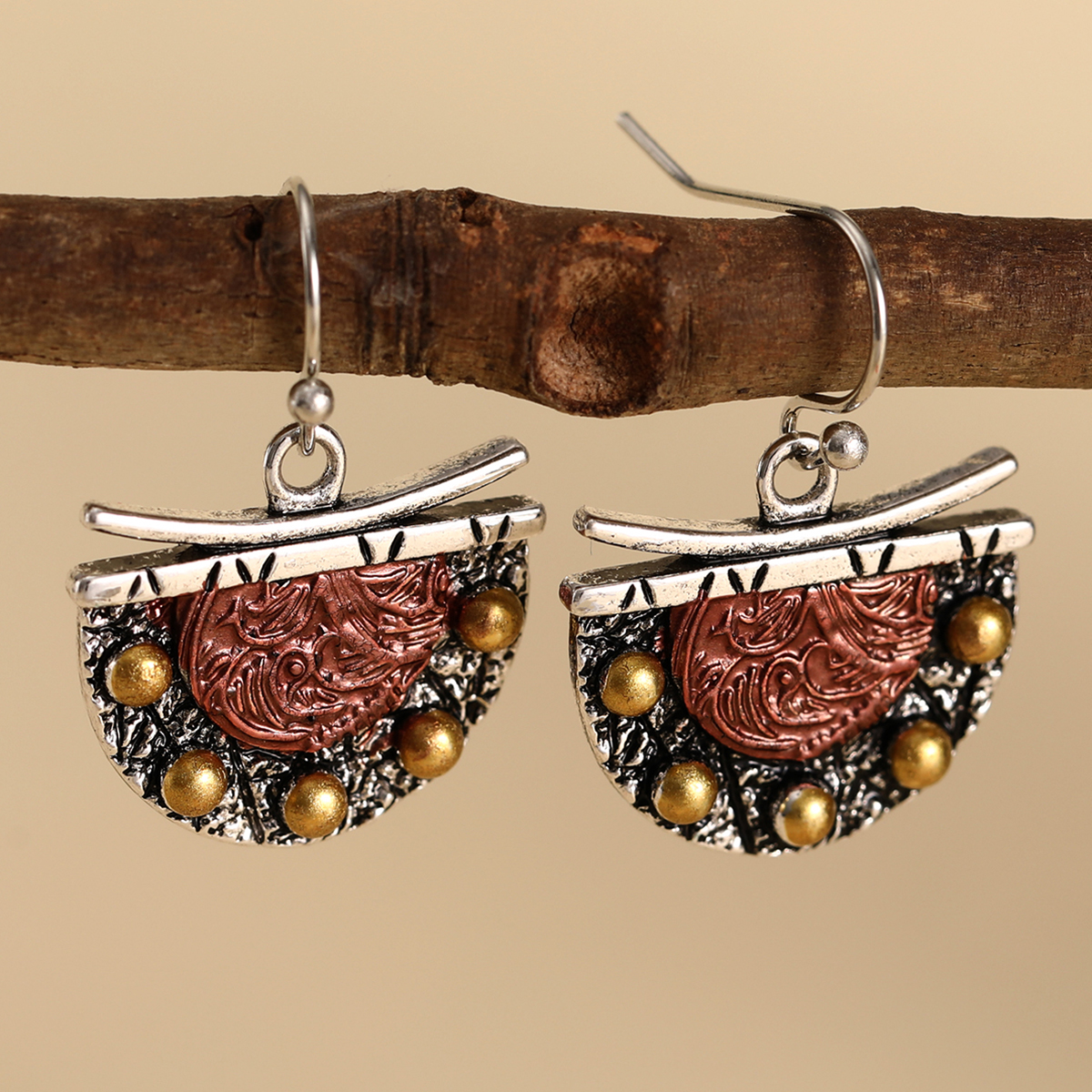 Three-dimensional Geometric Drop Earrings In Copper With KC Golden Water Plating And 0.03µm Thick Coating 7