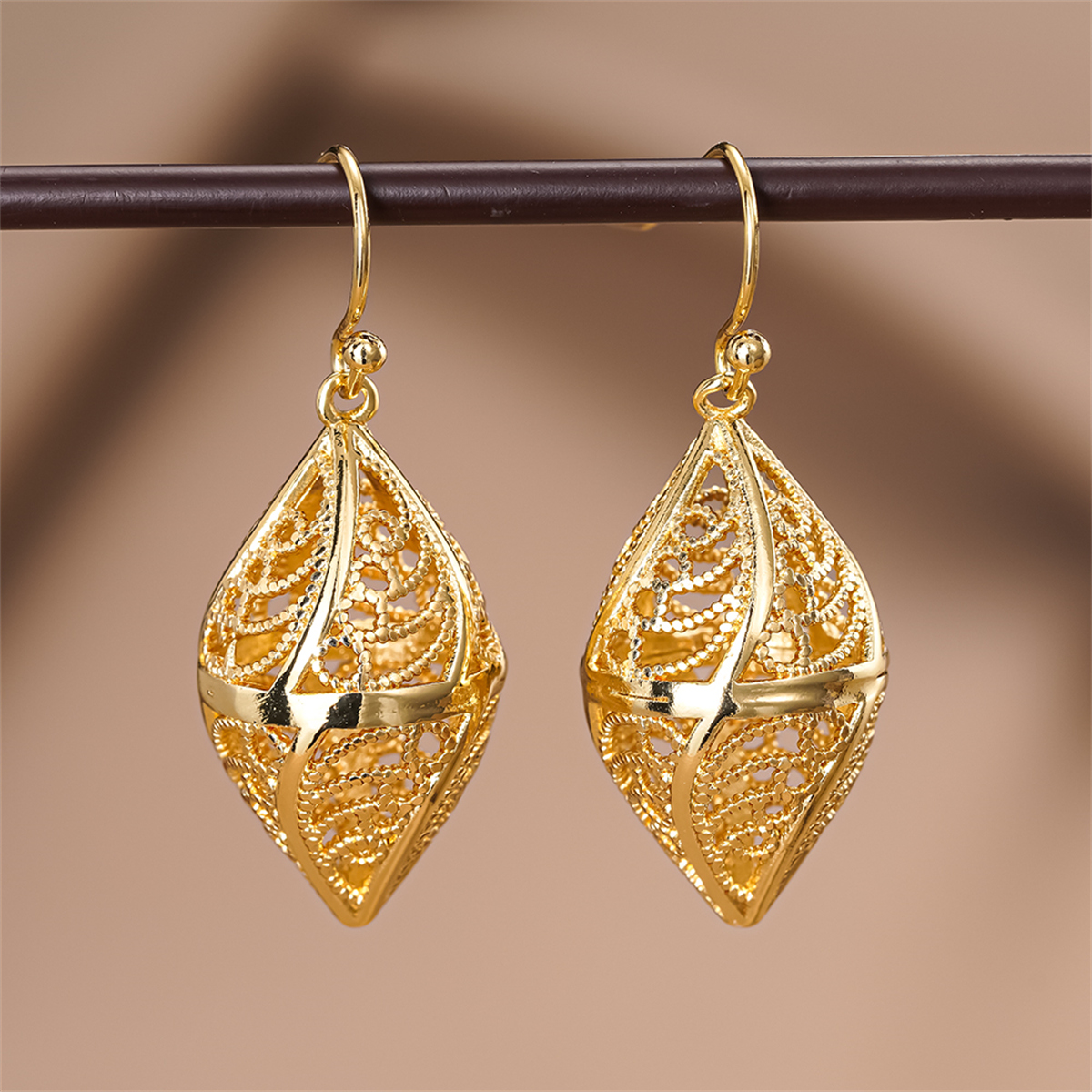 Three-dimensional Geometric Drop Earrings For Women In Copper With KC Golden Plated Water Plating And 0.03µm Coating Thickness
