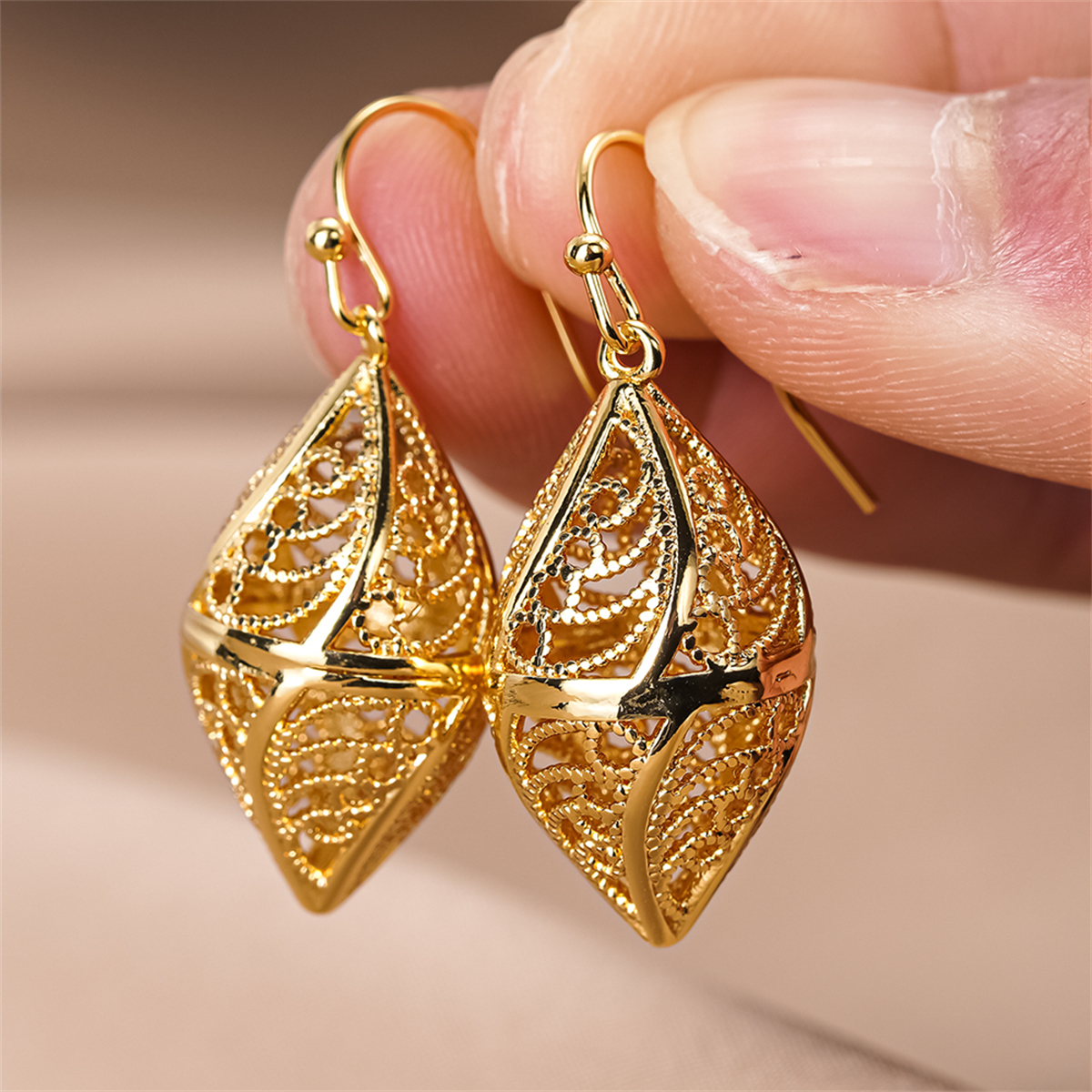 Three-dimensional Geometric Drop Earrings For Women In Copper With KC Golden Plated Water Plating And 0.03µm Coating Thickness 4