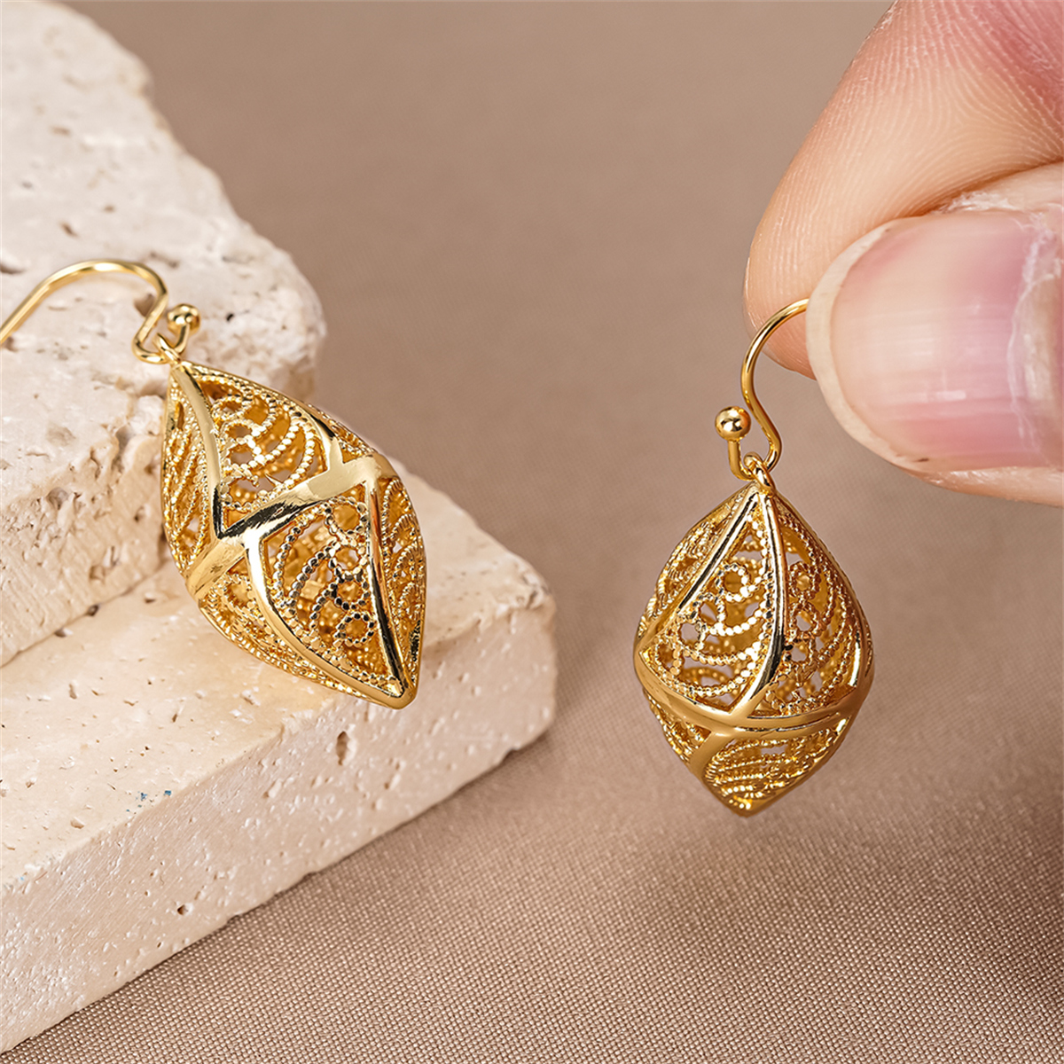 Three-dimensional Geometric Drop Earrings For Women In Copper With KC Golden Plated Water Plating And 0.03µm Coating Thickness 6
