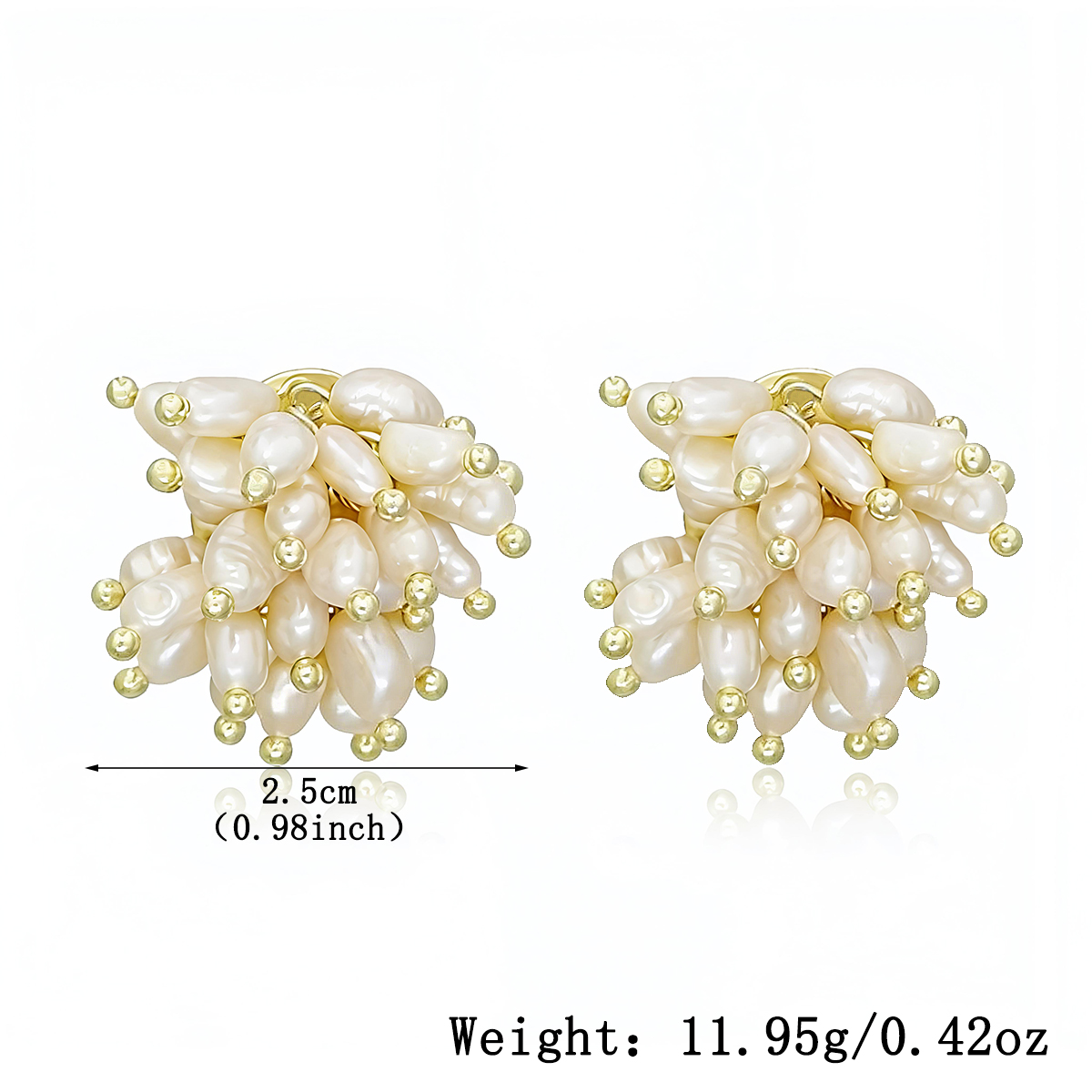 Three-dimensional Geometric Stud Earrings In Copper With Electroplated Golden Plating And Freshwater Pearl Inlay 2
