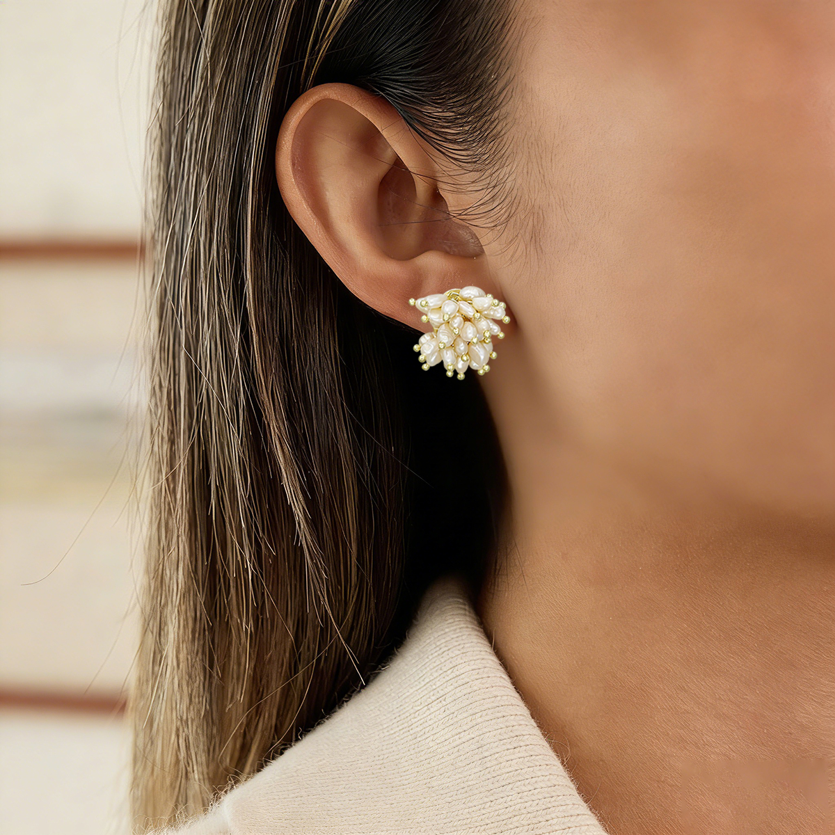 Three-dimensional Geometric Stud Earrings In Copper With Electroplated Golden Plating And Freshwater Pearl Inlay 6