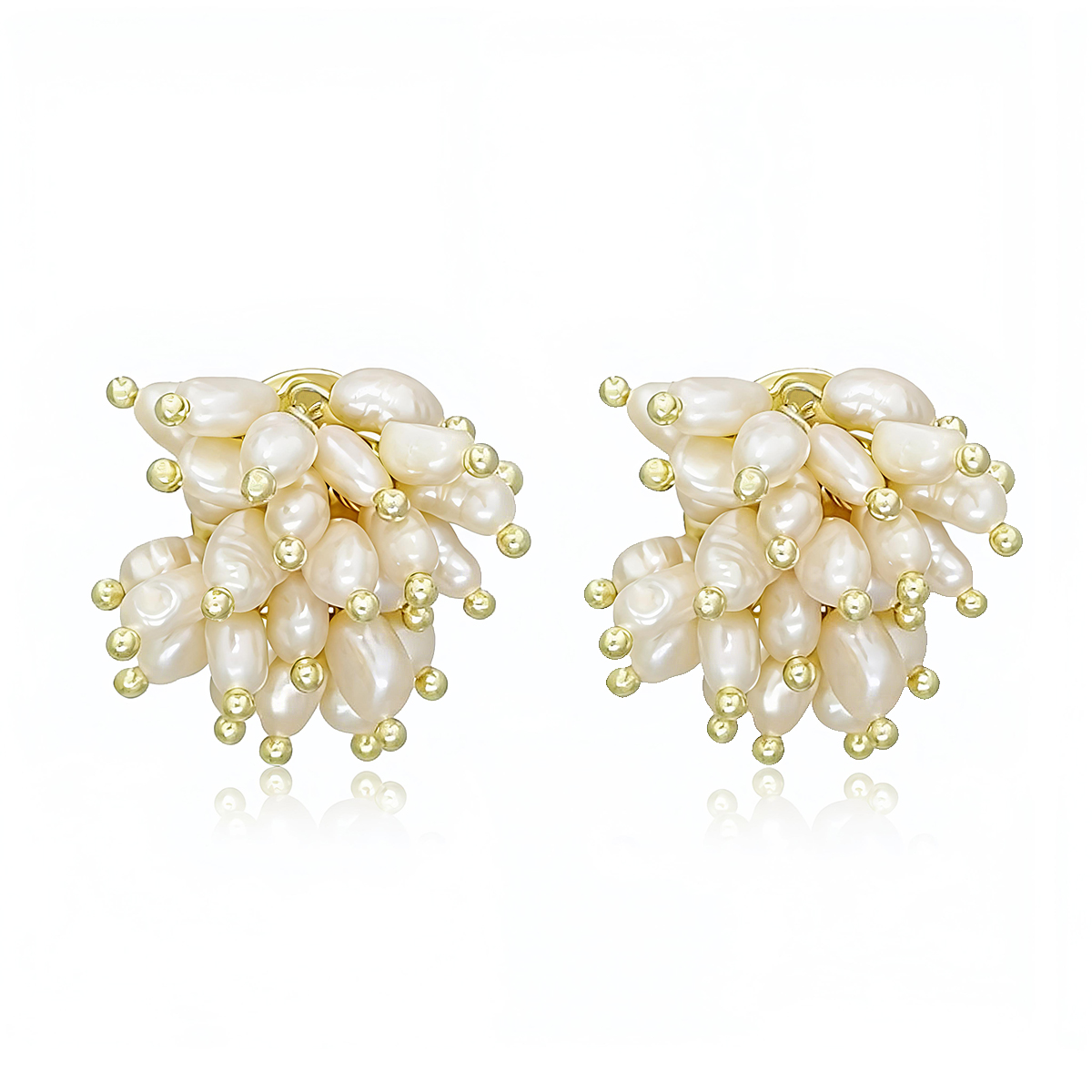 Three-dimensional Geometric Stud Earrings In Copper With Electroplated Golden Plating And Freshwater Pearl Inlay 7