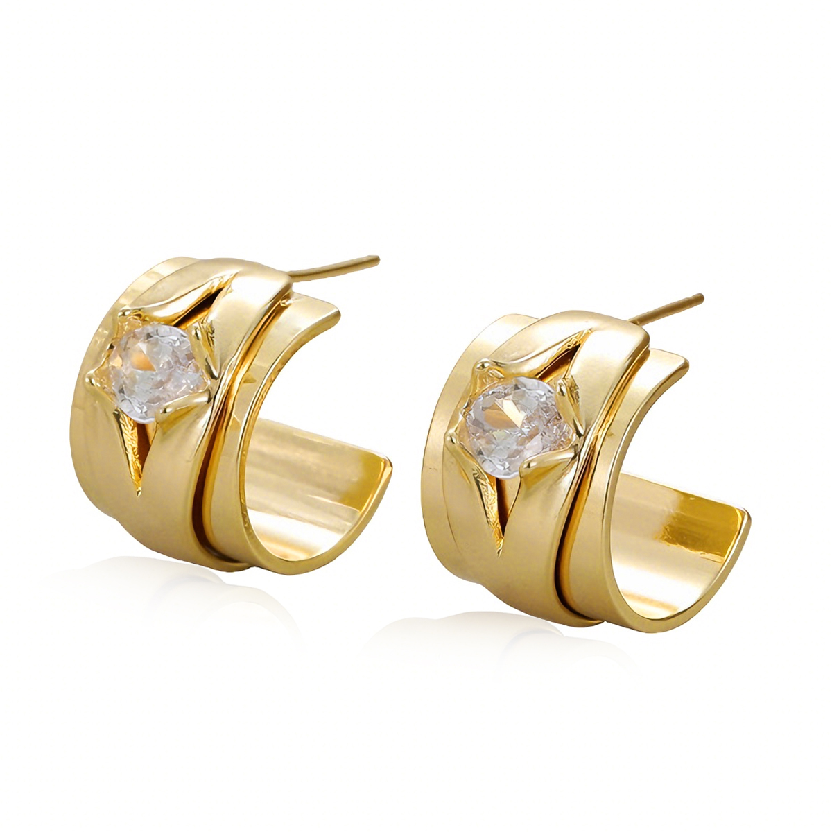 Three-dimensional Geometric Stud Earrings For Women, Electroplated Copper With Golden Plated Finish And Zircon Inlay 7