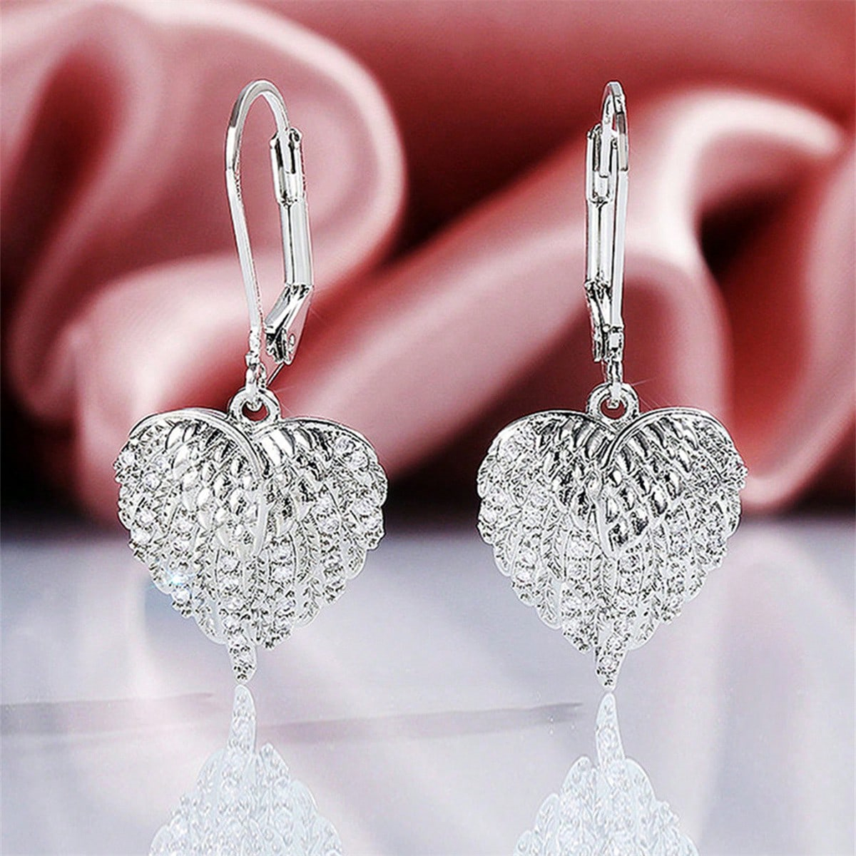 Three-dimensional Heart Shape Drop Earrings In Copper With White K Water Plating And 0.03µm Thickness Featuring Zircon Inlay