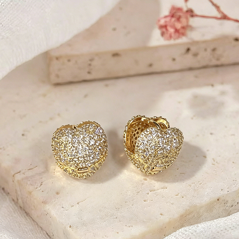 Three-dimensional Heart Shape Stud Earrings For Women, Copper With 18K Real Gold Plated UV Plating And Zircon Inlay