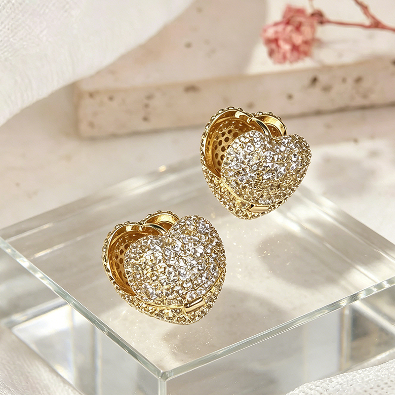 Three-dimensional Heart Shape Stud Earrings For Women, Copper With 18K Real Gold Plated UV Plating And Zircon Inlay 2