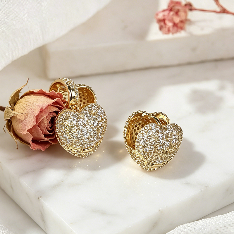 Three-dimensional Heart Shape Stud Earrings For Women, Copper With 18K Real Gold Plated UV Plating And Zircon Inlay 3