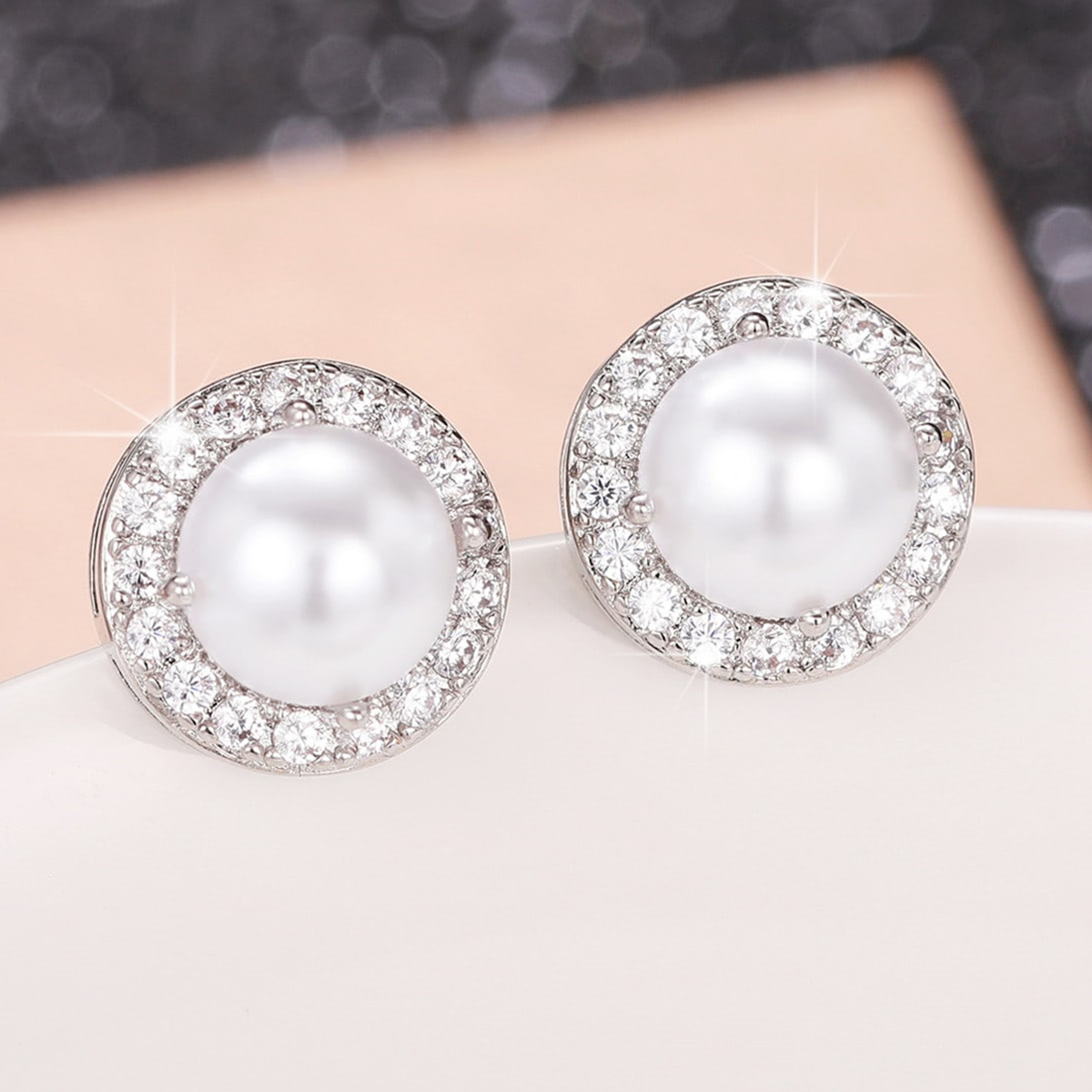 Three-dimensional Round Stud Earrings For Women In Copper With White K Water Plating And Pearl Inlay 2