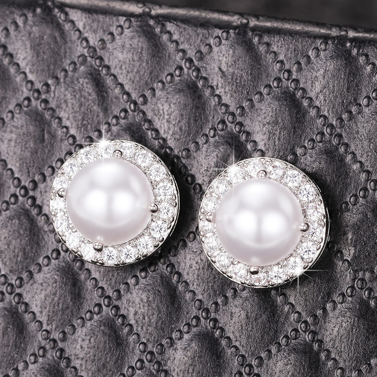 Three-dimensional Round Stud Earrings For Women In Copper With White K Water Plating And Pearl Inlay 7