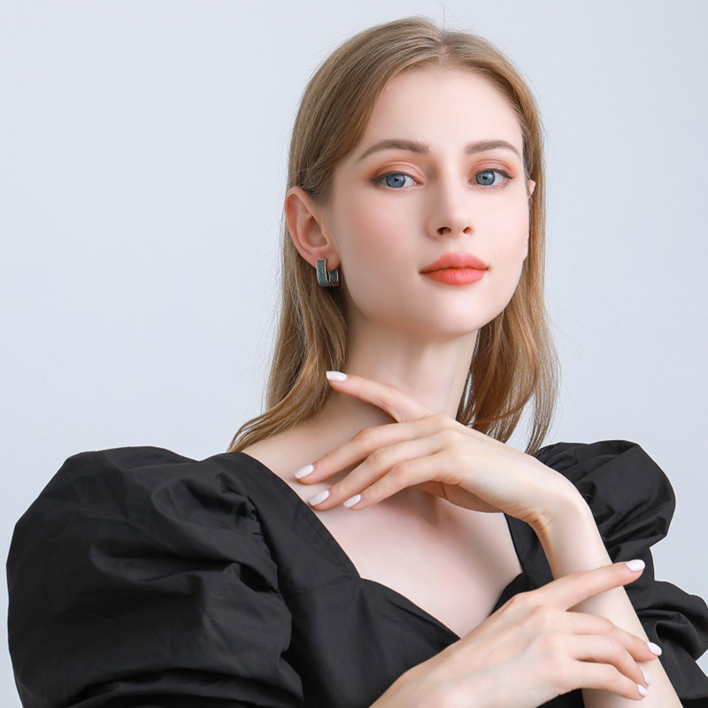 Three-dimensional Square Earrings For Women, Electroplated Copper With Zircon Inlay, Featuring Copper Ear Pins 2