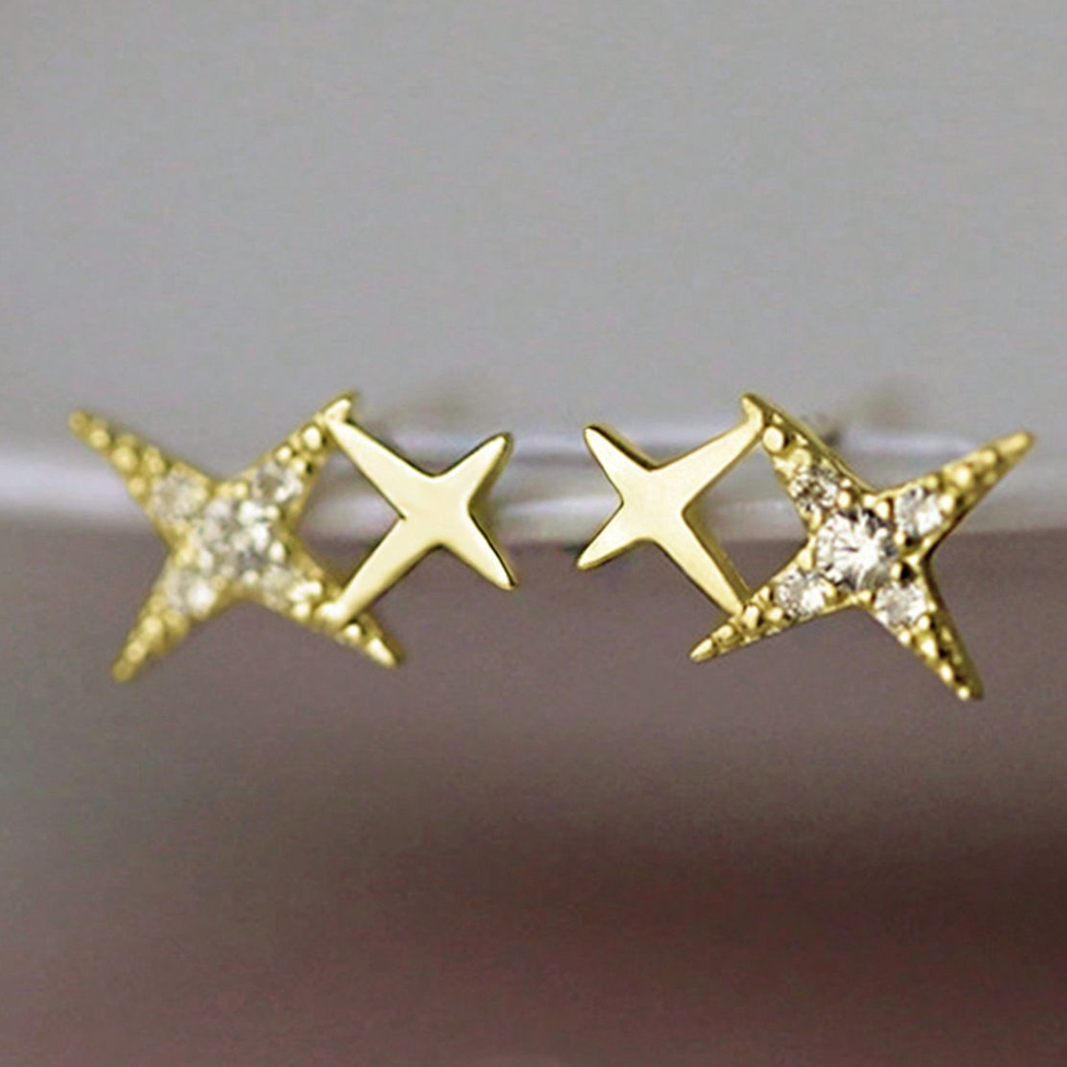 Three-dimensional Star Stud Earrings In Copper With KC Golden Water Plating And 0.03µm Thickness Featuring Zircon Inlay 10