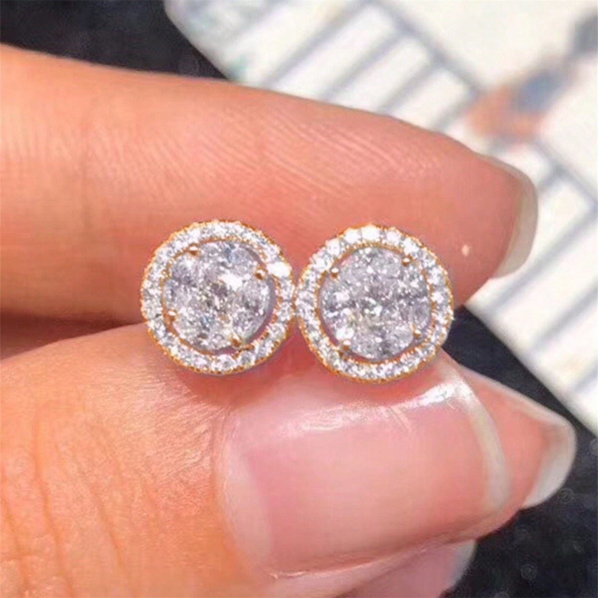 Three-dimensional Round Stud Earrings In Copper With KC Golden Water Plating And 0.03µm Thickness Featuring Zircon Inlay 2