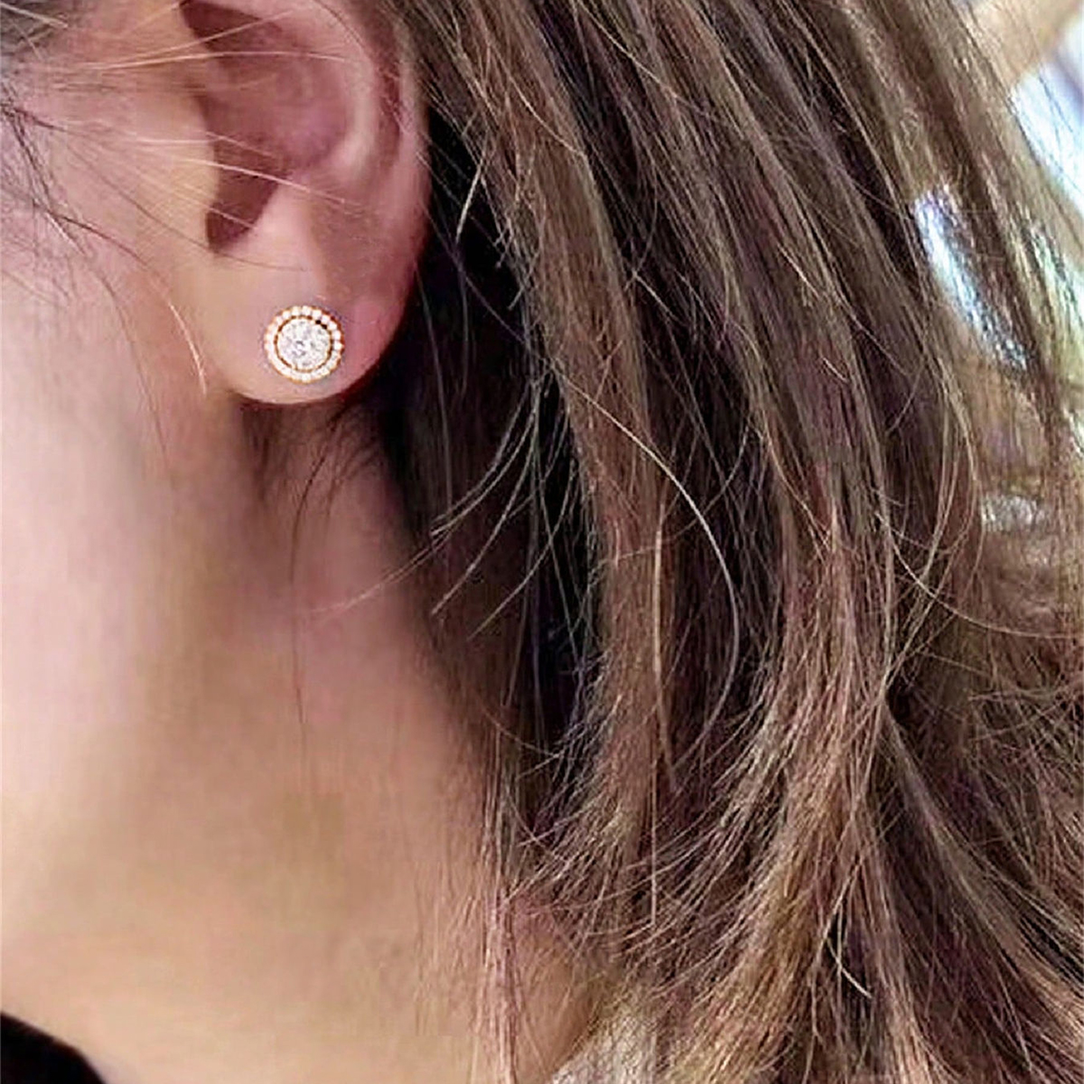 Three-dimensional Round Stud Earrings In Copper With KC Golden Water Plating And 0.03µm Thickness Featuring Zircon Inlay 8