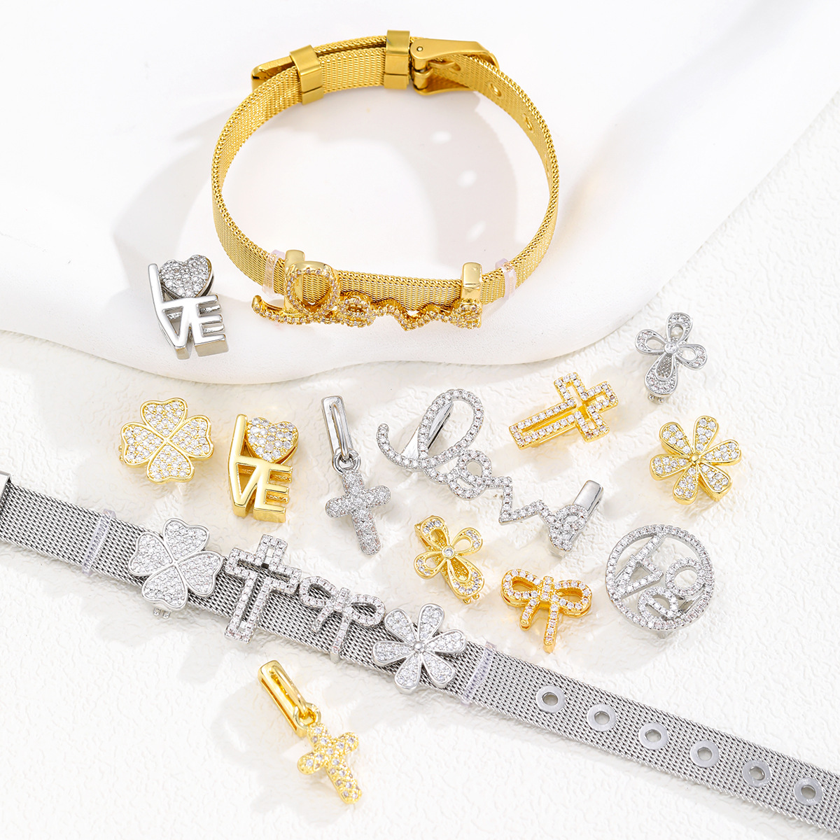 Fashion Copper Cross Letter Heart-Shaped Zircon DIY Bracelet Accessories For Women Personalized Free Combination Bracelet Bangle 2