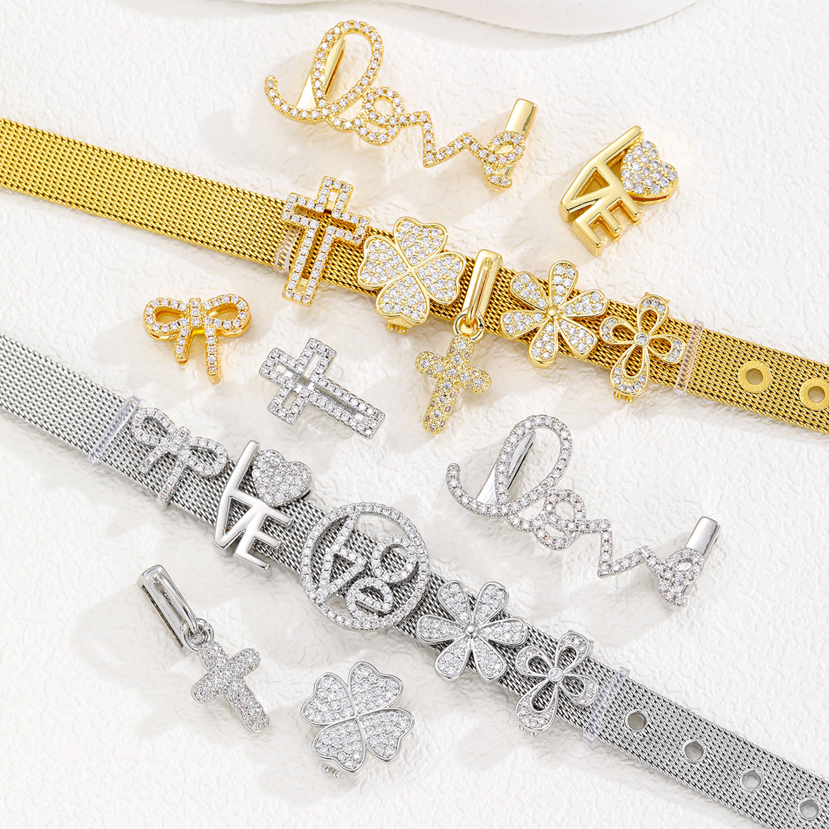 Fashion Copper Cross Letter Heart-Shaped Zircon DIY Bracelet Accessories For Women Personalized Free Combination Bracelet Bangle 4