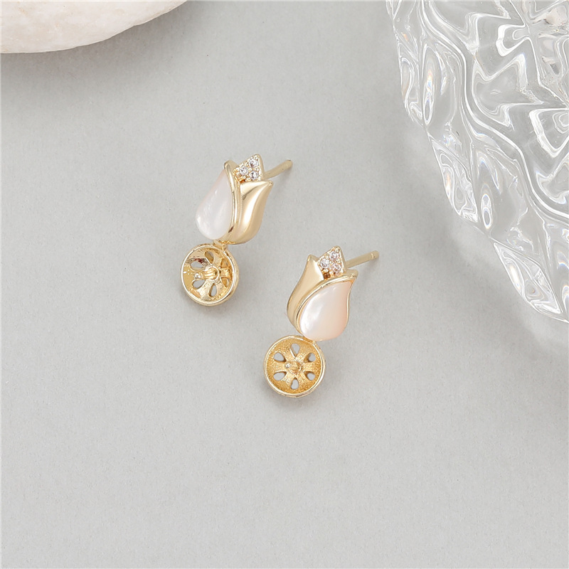 Tulips Stud Earrings For Women With 14k Gold Filled And 925 Sterling Silver Posts, 14K Gold Electroplated, Mother-of-Pearl Inlay 3