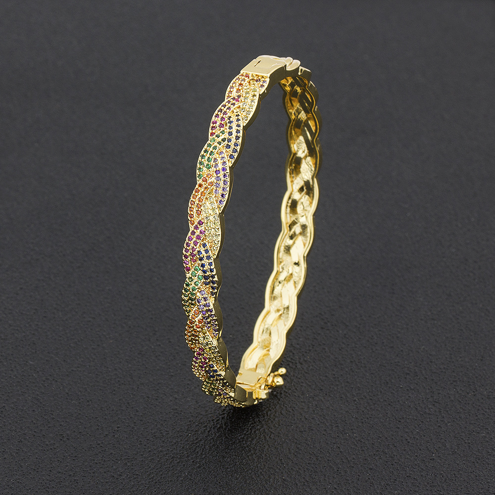 Twist Bangle In Copper With Zircon Inlay, 18K Real Gold Plated Electroplated Finish, Unisex Design