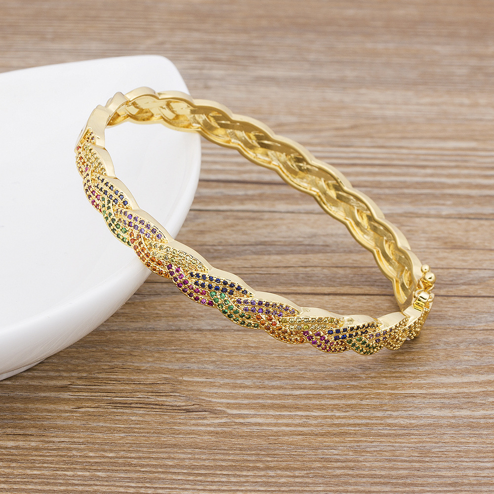 Twist Bangle In Copper With Zircon Inlay, 18K Real Gold Plated Electroplated Finish, Unisex Design 3