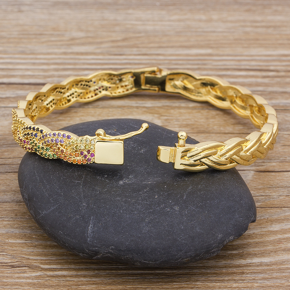 Twist Bangle In Copper With Zircon Inlay, 18K Real Gold Plated Electroplated Finish, Unisex Design 4