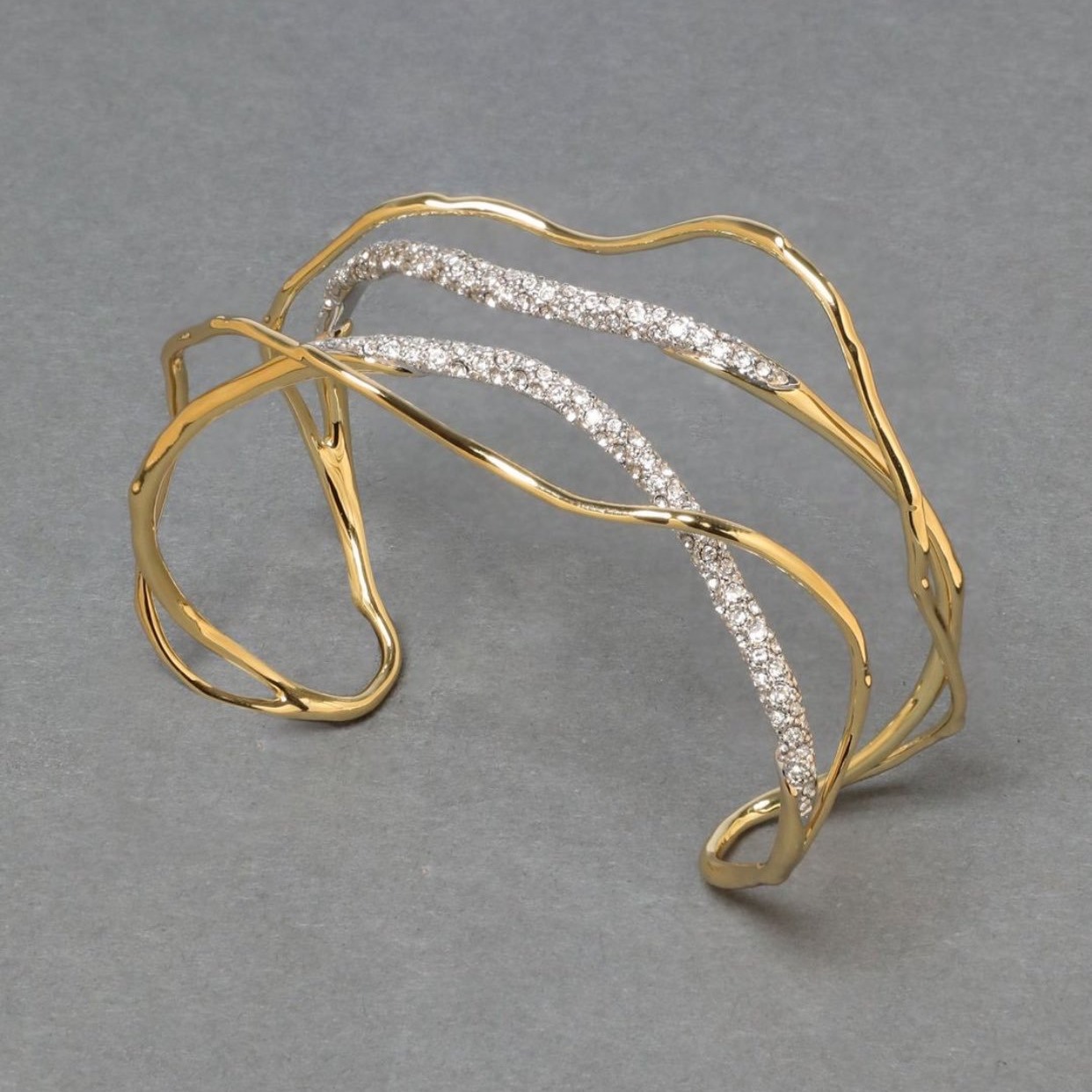Gold-Plated Copper Open Bangle With Intersecting Lines And Zircon Inlay