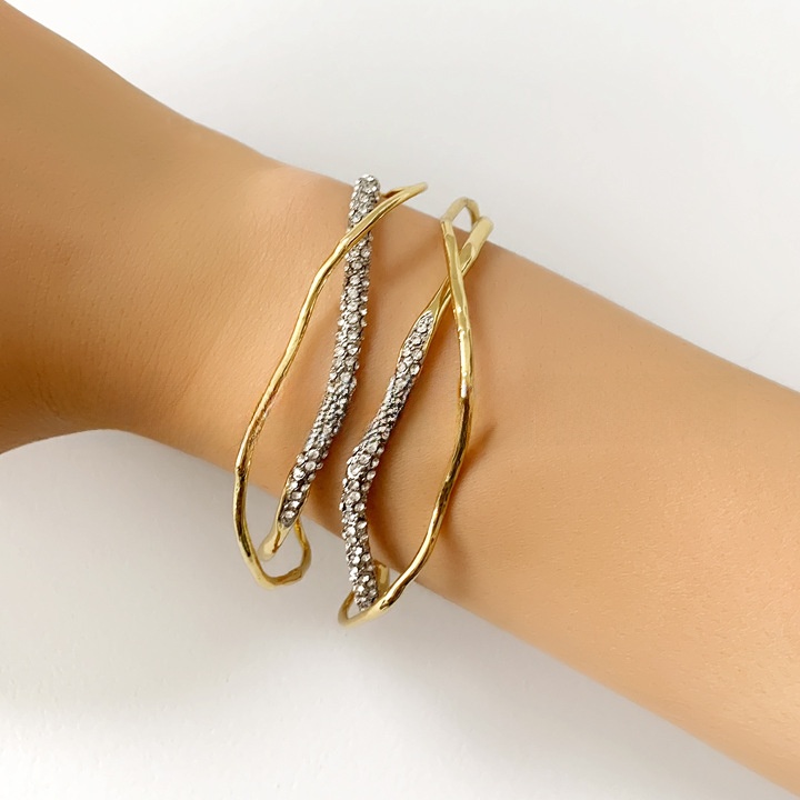 Gold-Plated Copper Open Bangle With Intersecting Lines And Zircon Inlay 4