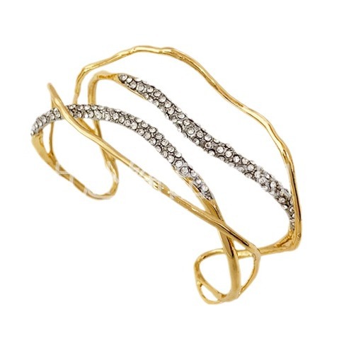 Gold-Plated Copper Open Bangle With Intersecting Lines And Zircon Inlay 5