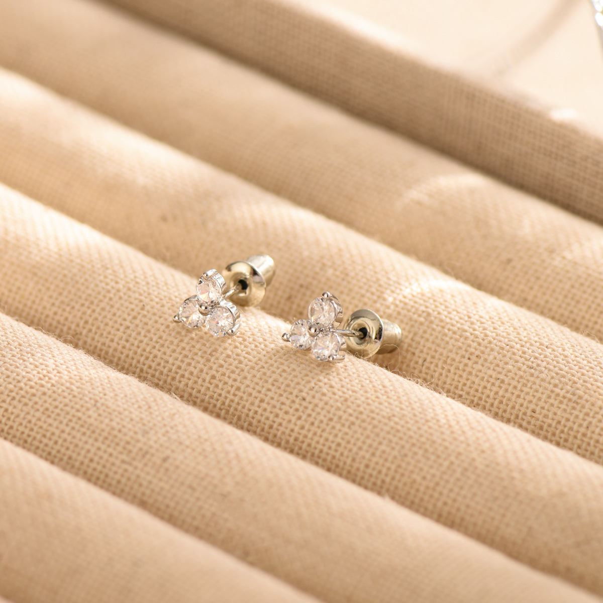 Unisex Copper Stud Earrings Featuring Flower Pattern With Rhinestone Inlay In Gold 3