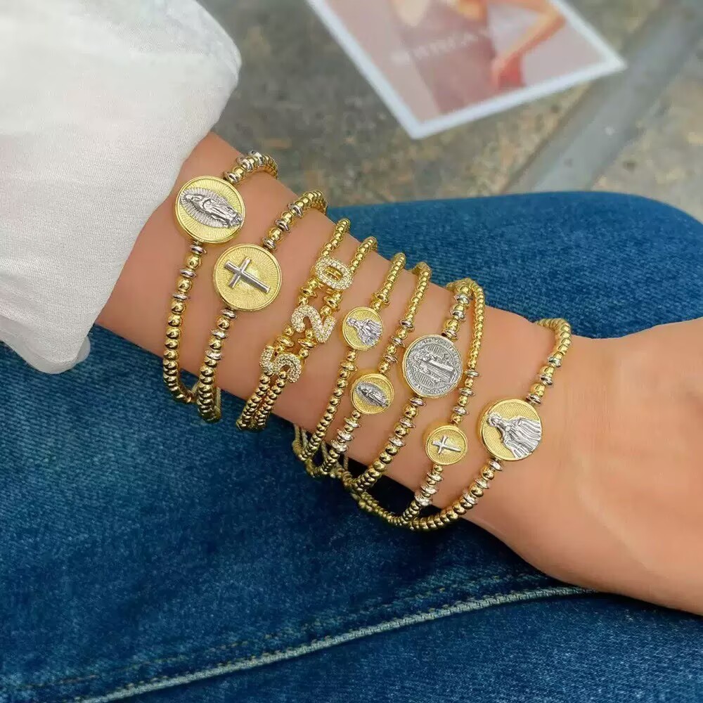 Unisex Cross Bracelet With Bezel Setting In Copper Featuring 18K Real Gold Plated PVD Coated Beaded Chain