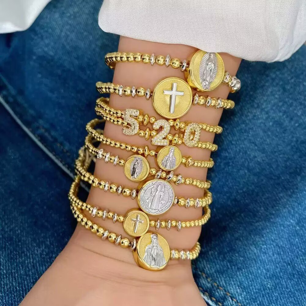 Unisex Cross Bracelet With Bezel Setting In Copper Featuring 18K Real Gold Plated PVD Coated Beaded Chain 2