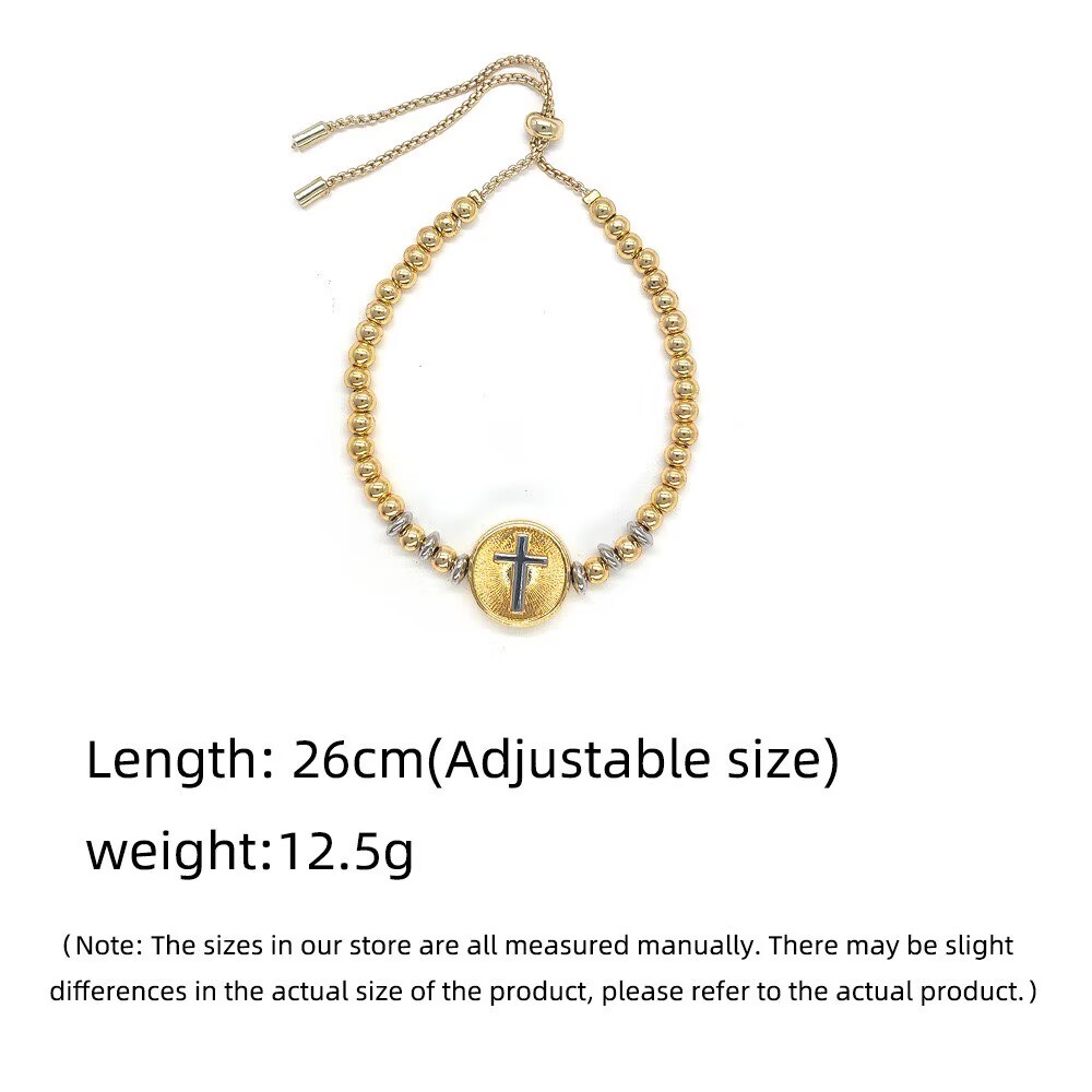 Unisex Cross Bracelet With Bezel Setting In Copper Featuring 18K Real Gold Plated PVD Coated Beaded Chain 3