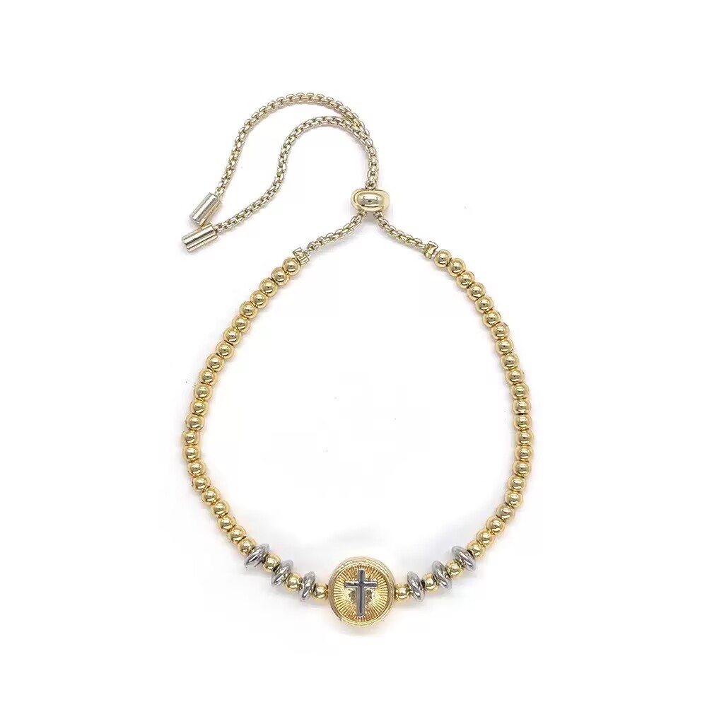 Unisex Cross Bracelet With Bezel Setting In Copper Featuring 18K Real Gold Plated PVD Coated Beaded Chain 4
