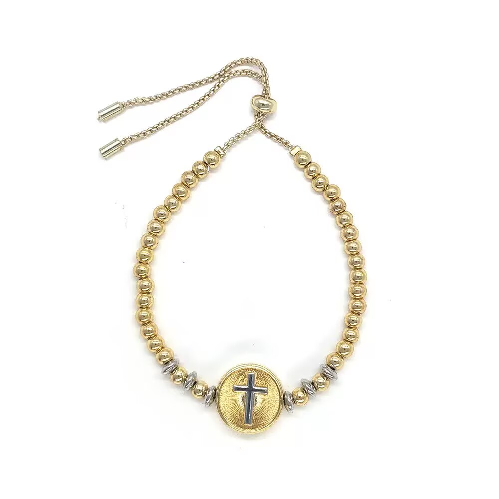 Unisex Cross Bracelet With Bezel Setting In Copper Featuring 18K Real Gold Plated PVD Coated Beaded Chain 5